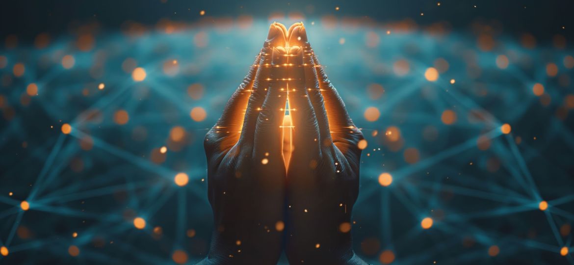 Hands in prayer position with a glowing digital cross, surrounded by neon light and network-like connections, symbolizing faith in a digital age.