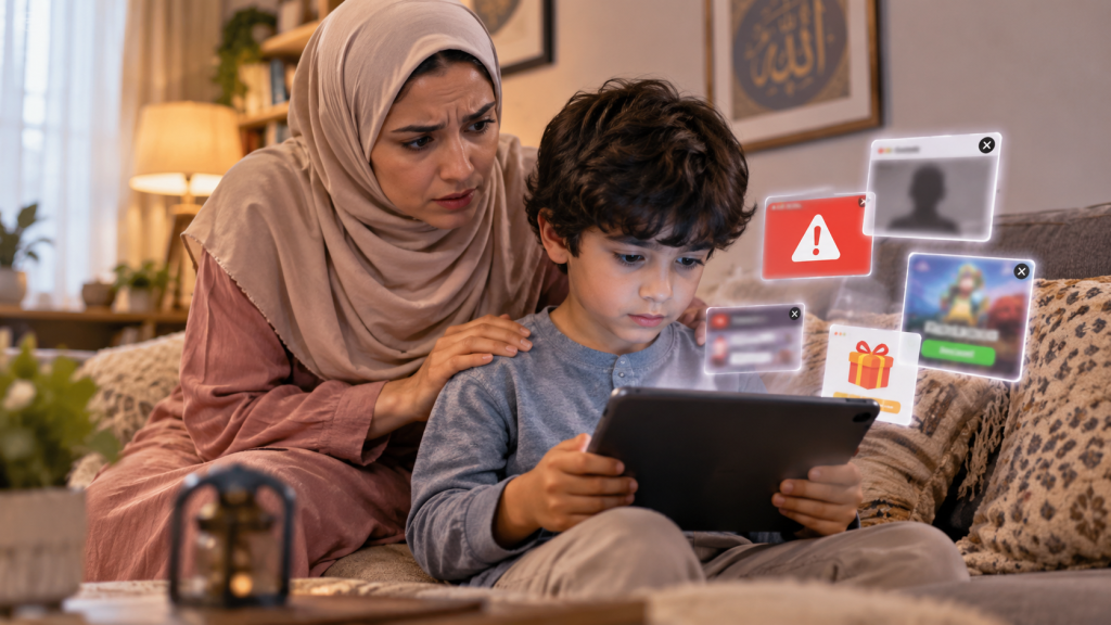 Concerned Mother and Child Facing Online Pop-Ups